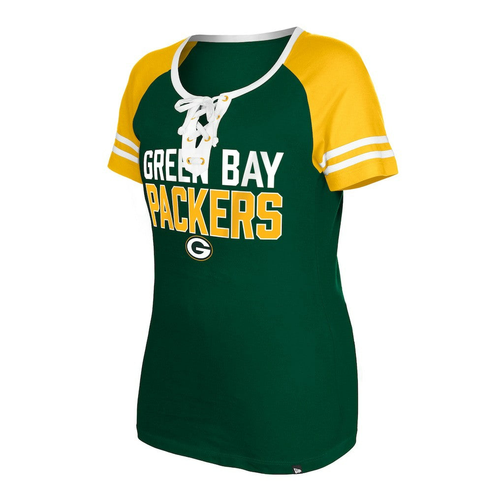 Green Bay Packers New Era Women's Raglan Lace-Up T-Shirt - Green discount