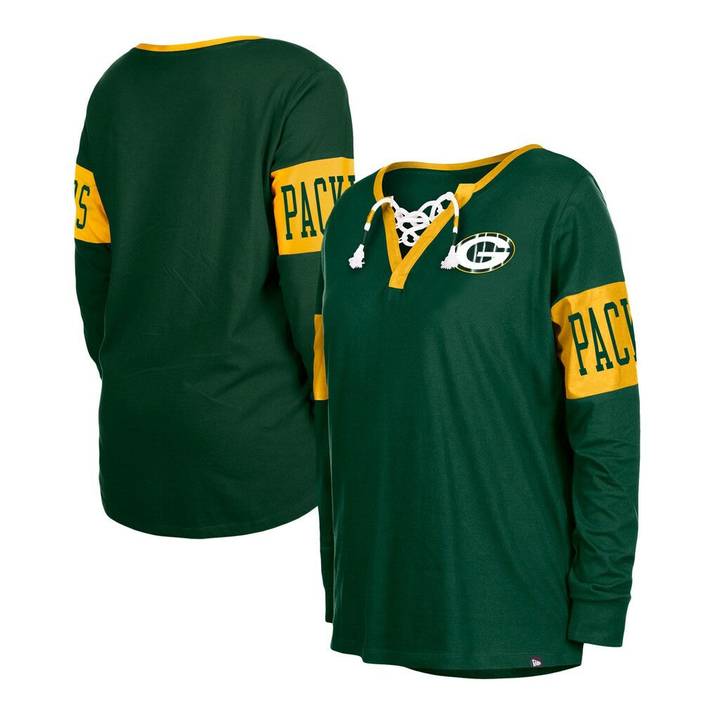 Green Bay Packers New Era Women's Lace-Up Notch Neck Long Sleeve T-Shirt - Green for sale