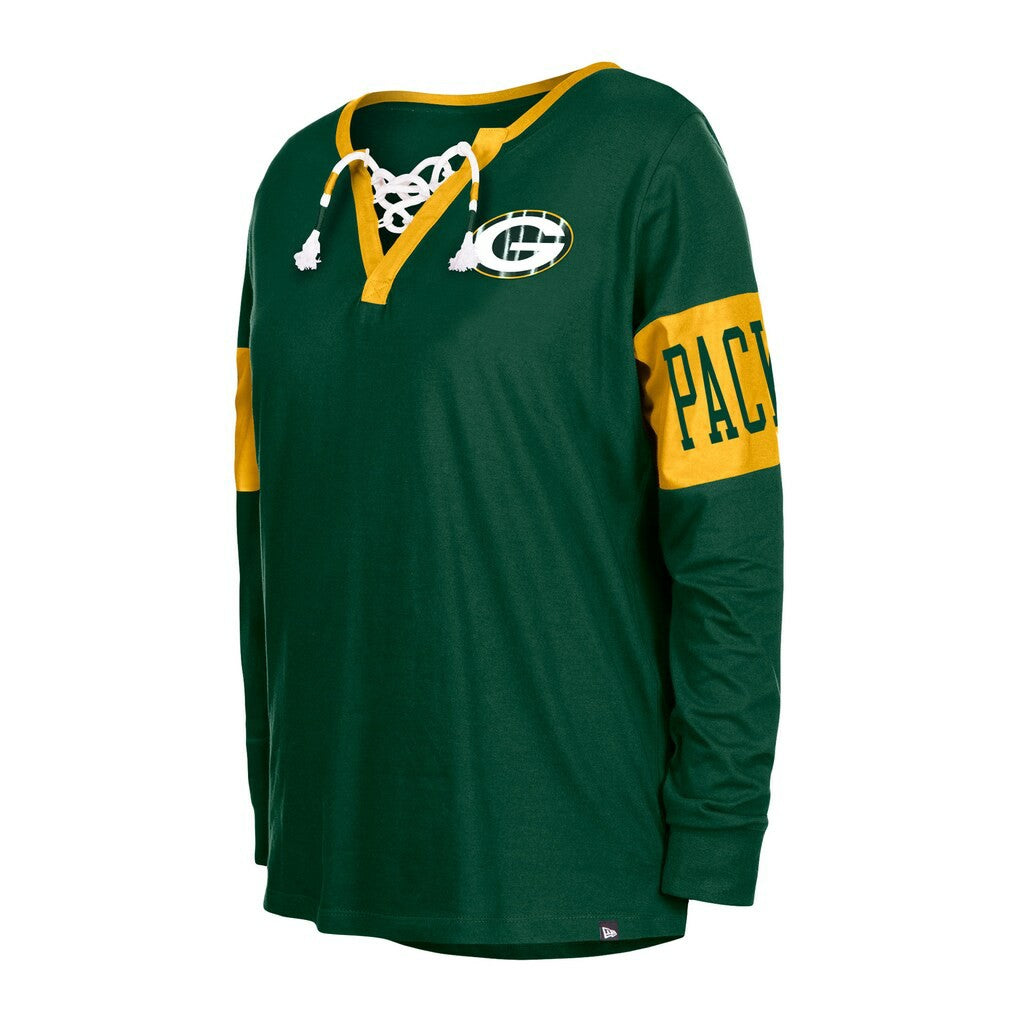 Green Bay Packers New Era Women's Lace-Up Notch Neck Long Sleeve T-Shirt - Green for sale