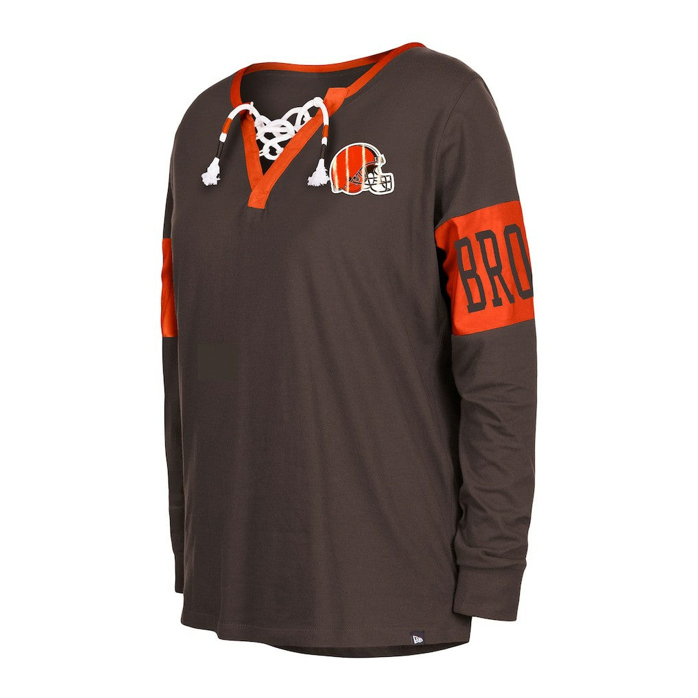 Cleveland Browns New Era Women's Lace-Up Notch Neck Long Sleeve T-Shirt - Brown on sale
