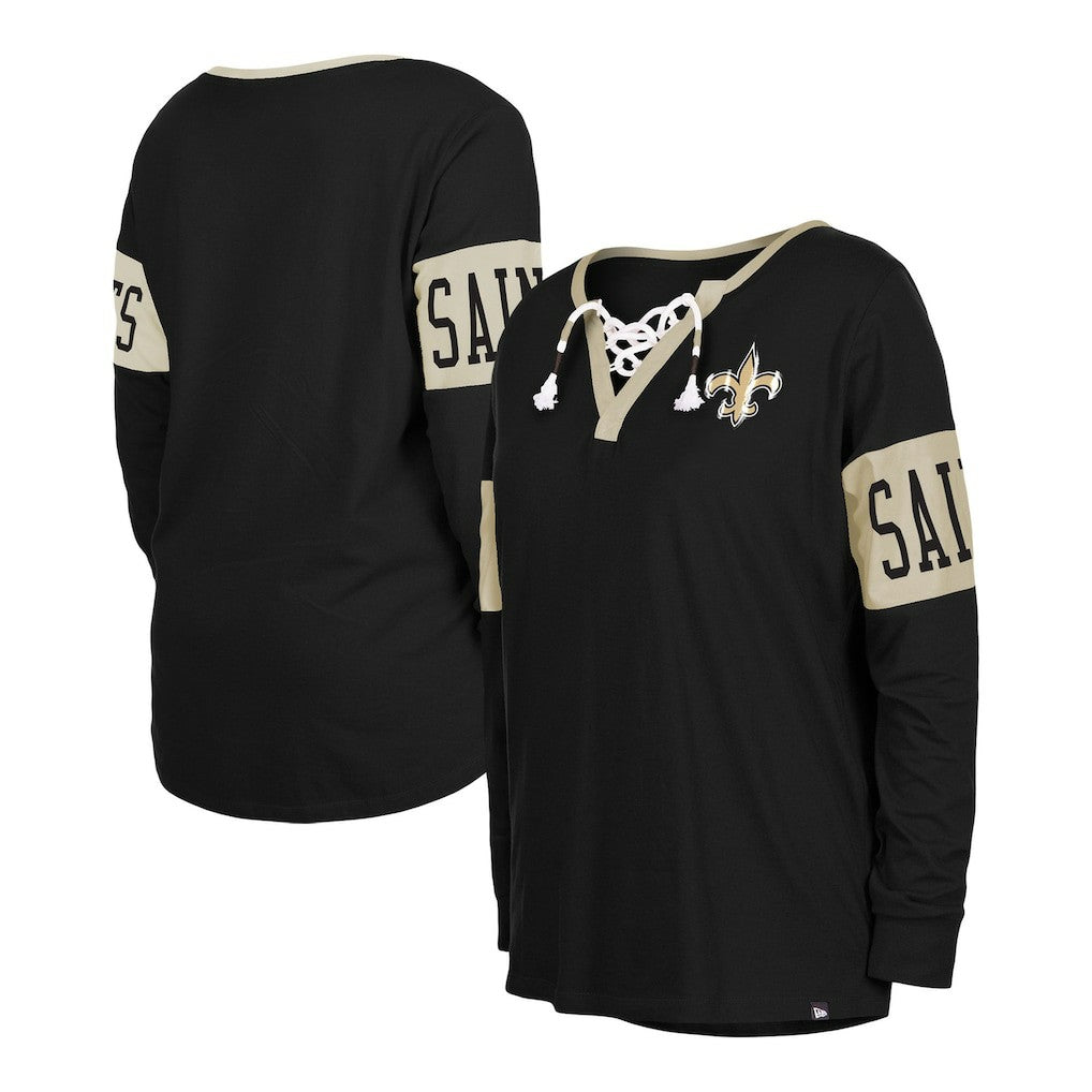 New Orleans Saints New Era Women's Lace-Up Notch Neck Long Sleeve T-Shirt - Black on sale