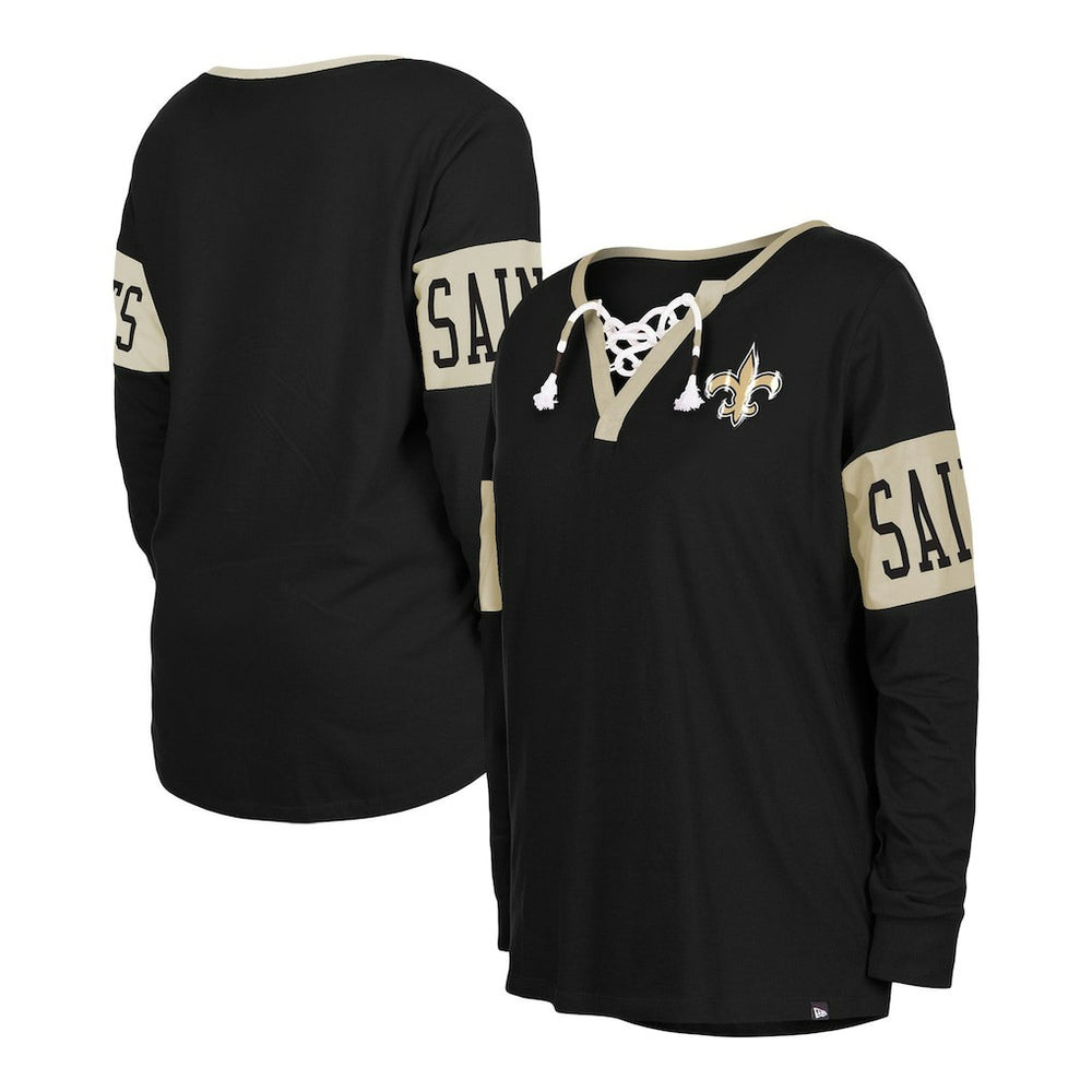 New Orleans Saints New Era Women's Lace-Up Notch Neck Long Sleeve T-Shirt - Black on sale