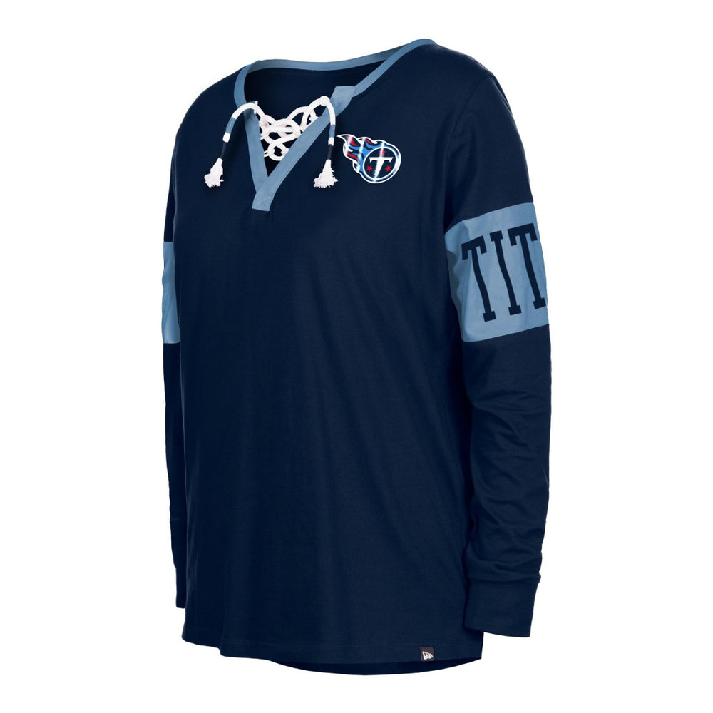 Tennessee Titans New Era Women's Lace-Up Notch Neck Long Sleeve T-Shirt - Navy cheap