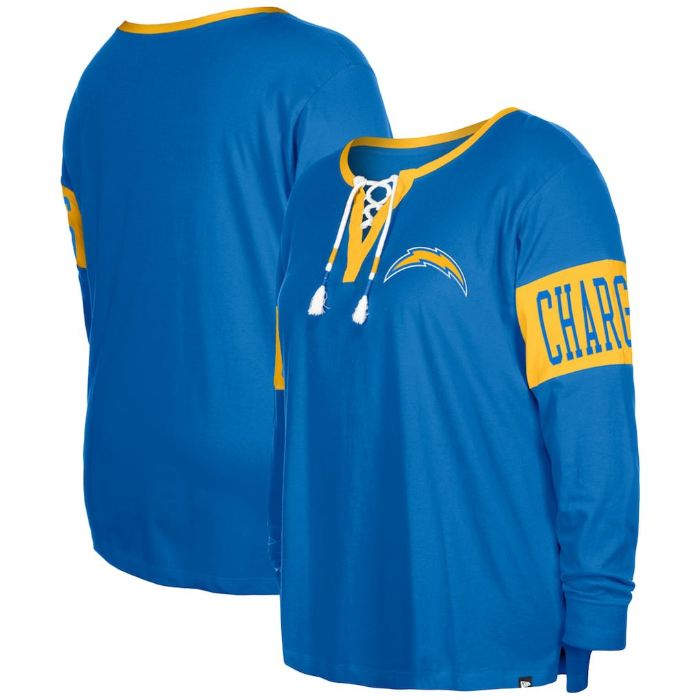 Los Angeles Chargers New Era Women's Plus Size Lace-Up Notch Neck Long Sleeve T-Shirt - Powder Blue on sale