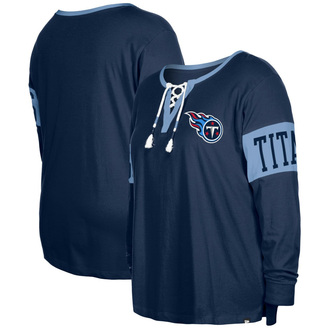 Tennessee Titans New Era Women's Plus Size Lace-Up Notch Neck Long Sleeve T-Shirt - Navy sale