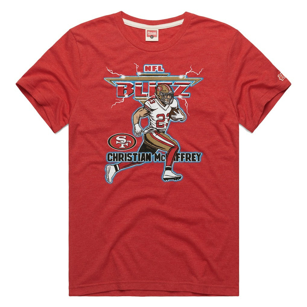 Christian McCaffrey San Francisco 49ers Homage Unisex NFL Blitz Player Tri-Blend T-Shirt - Heathered Scarlet on sale