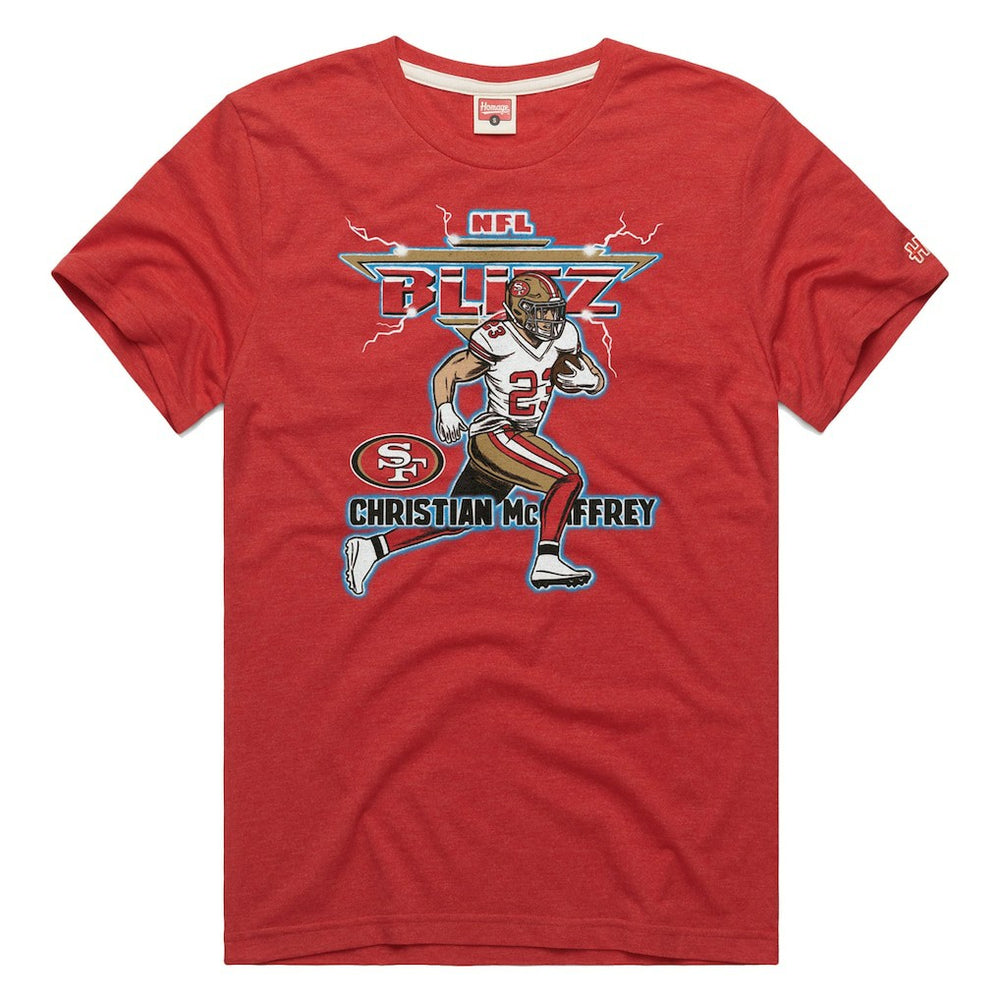 Christian McCaffrey San Francisco 49ers Homage Unisex NFL Blitz Player Tri-Blend T-Shirt - Heathered Scarlet on sale