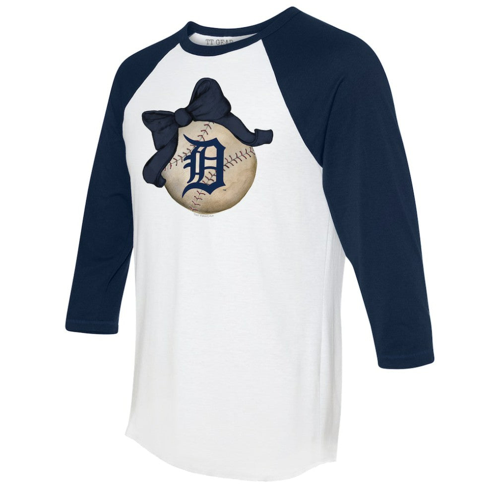 Detroit Tigers Tiny Turnip Women's Baseball Bow 3/4-Sleeve Raglan T-Shirt - White/Navy