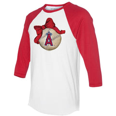 Los Angeles Angels Tiny Turnip Women's Baseball Bow 3/4-Sleeve Raglan T-Shirt - White/Red