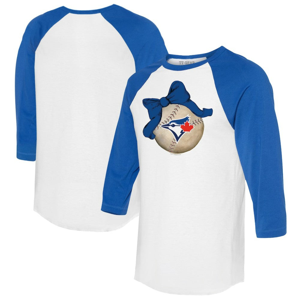 Toronto Blue Jays Tiny Turnip Women's Baseball Bow 3/4-Sleeve Raglan T-Shirt - White/Royal