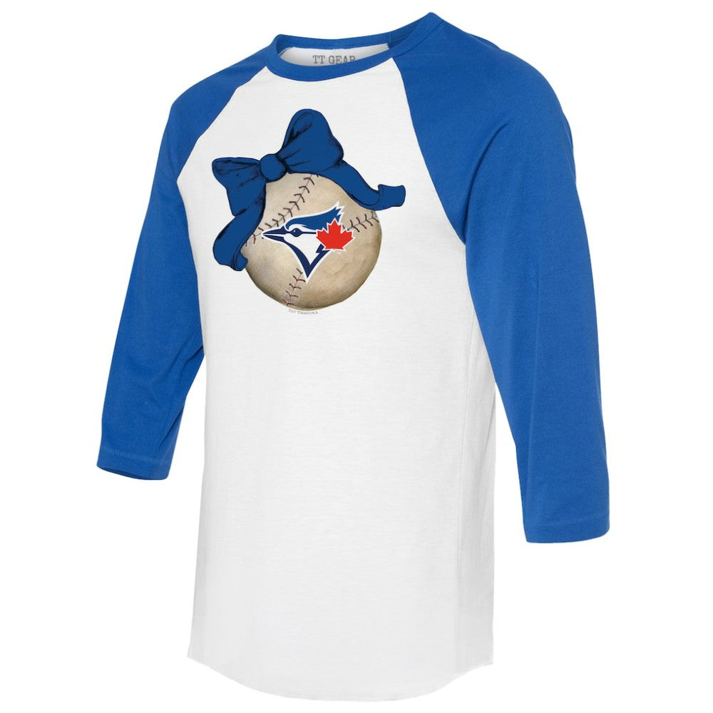 Toronto Blue Jays Tiny Turnip Women's Baseball Bow 3/4-Sleeve Raglan T-Shirt - White/Royal