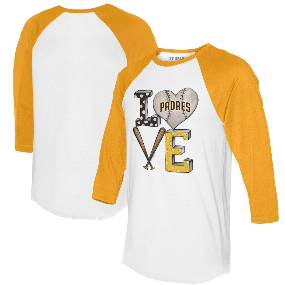 San Diego Padres Tiny Turnip Women's Baseball Love Raglan 3/4-Sleeve T-Shirt - White/Gold