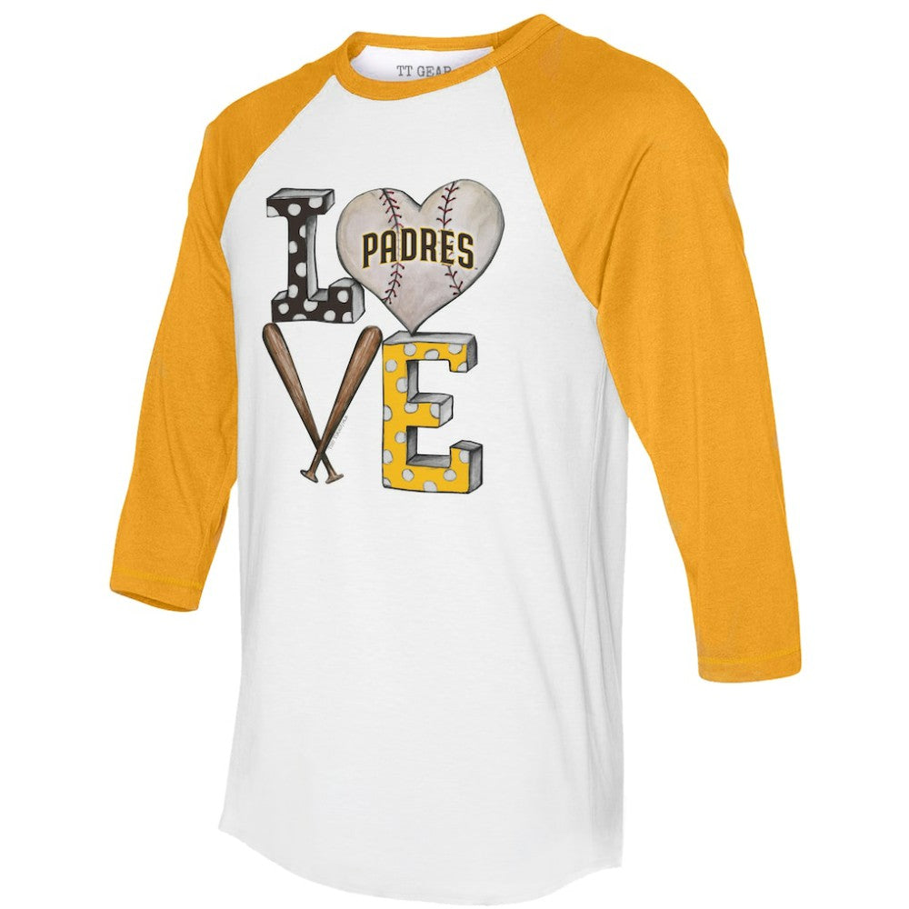 San Diego Padres Tiny Turnip Women's Baseball Love Raglan 3/4-Sleeve T-Shirt - White/Gold