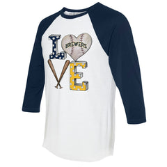 Milwaukee Brewers Tiny Turnip Women's Baseball Love Raglan 3/4-Sleeve T-Shirt - White/Navy