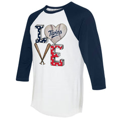Minnesota Twins Tiny Turnip Women's Baseball Love Raglan 3/4-Sleeve T-Shirt - White/Navy