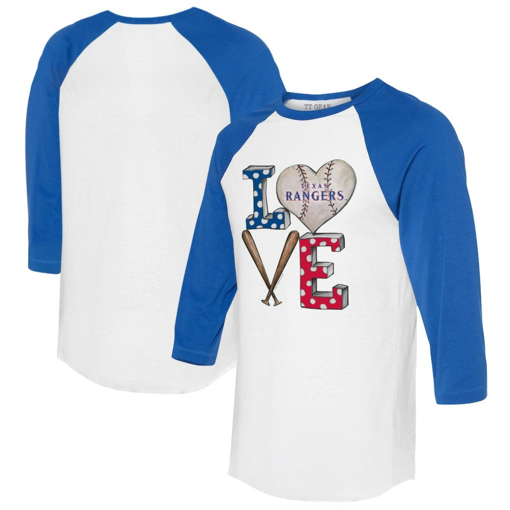 Texas Rangers Tiny Turnip Women's Baseball Love Raglan 3/4-Sleeve T-Shirt - White/Royal