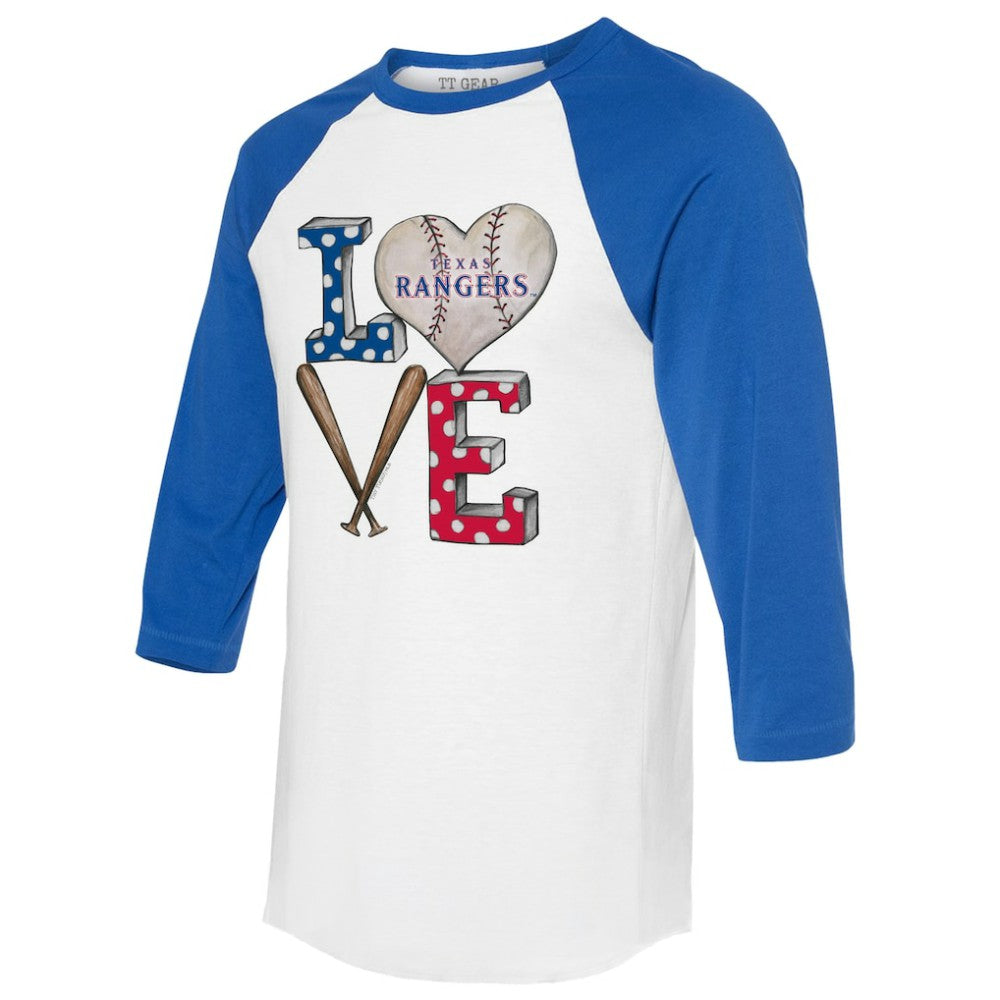 Texas Rangers Tiny Turnip Women's Baseball Love Raglan 3/4-Sleeve T-Shirt - White/Royal