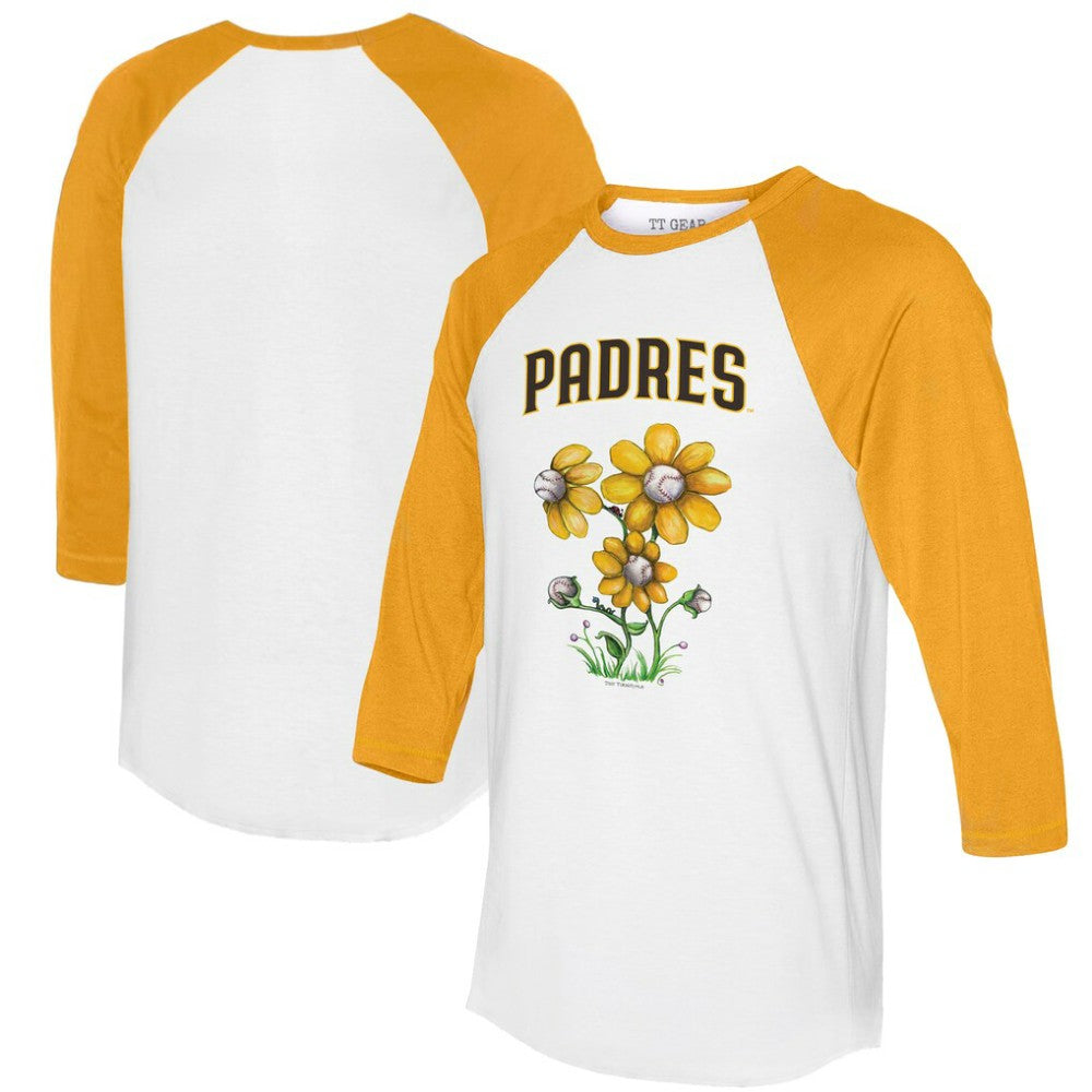 San Diego Padres Tiny Turnip Women's Blooming Baseballs 3/4-Sleeve Raglan T-Shirt - White/Gold