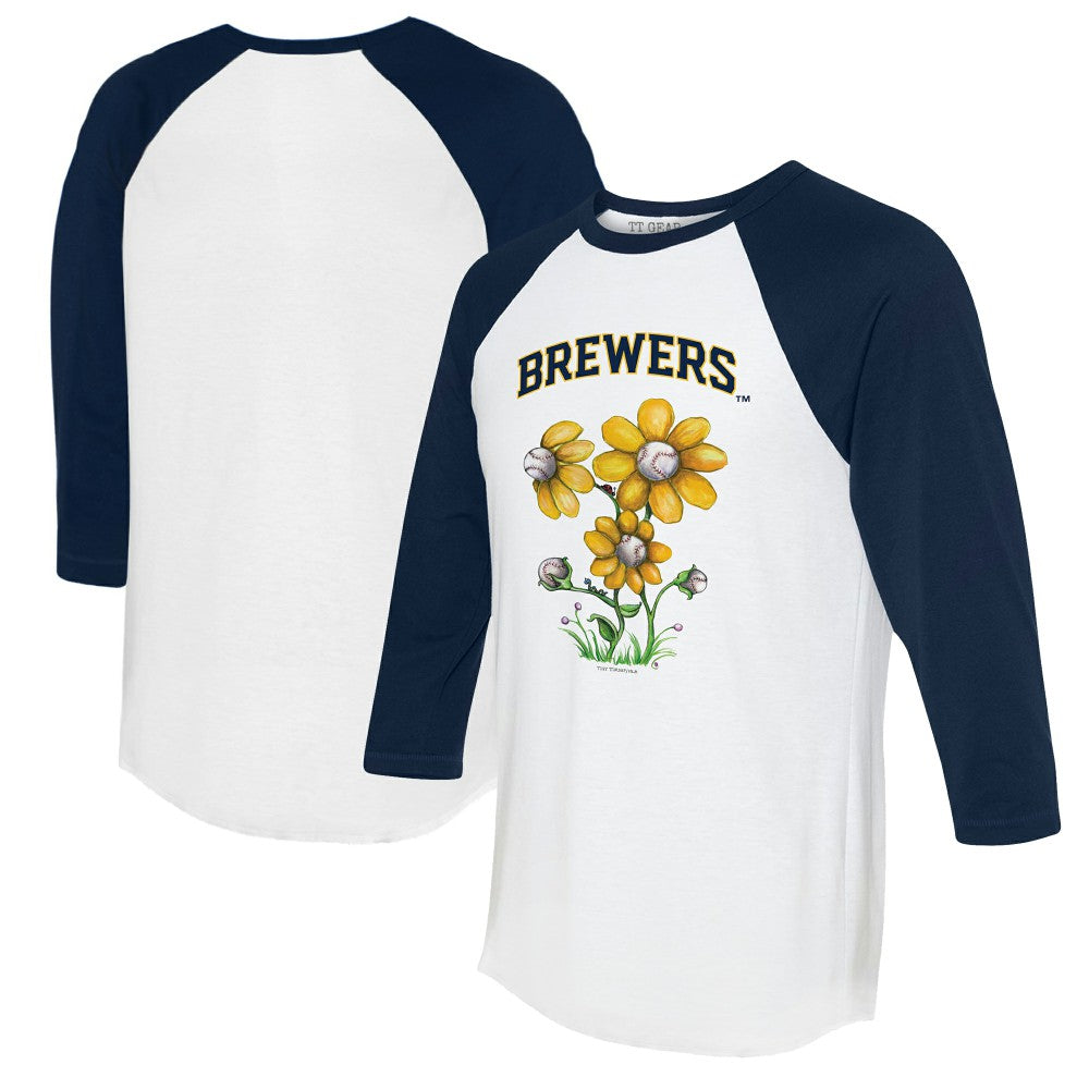 Milwaukee Brewers Tiny Turnip Women's Blooming Baseballs 3/4-Sleeve Raglan T-Shirt - White/Navy