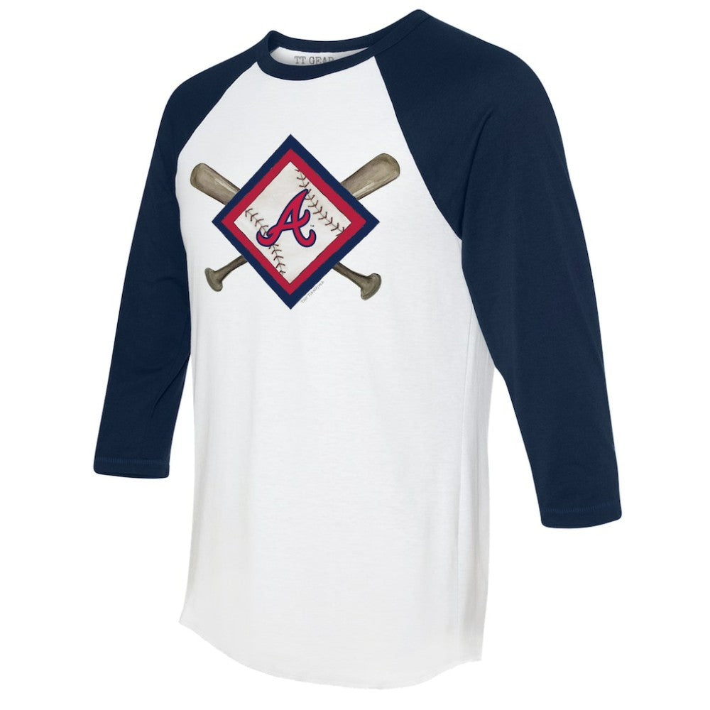Atlanta Braves Tiny Turnip Women's Diamond Cross Bats 3/4-Sleeve Raglan T-Shirt - White/Navy