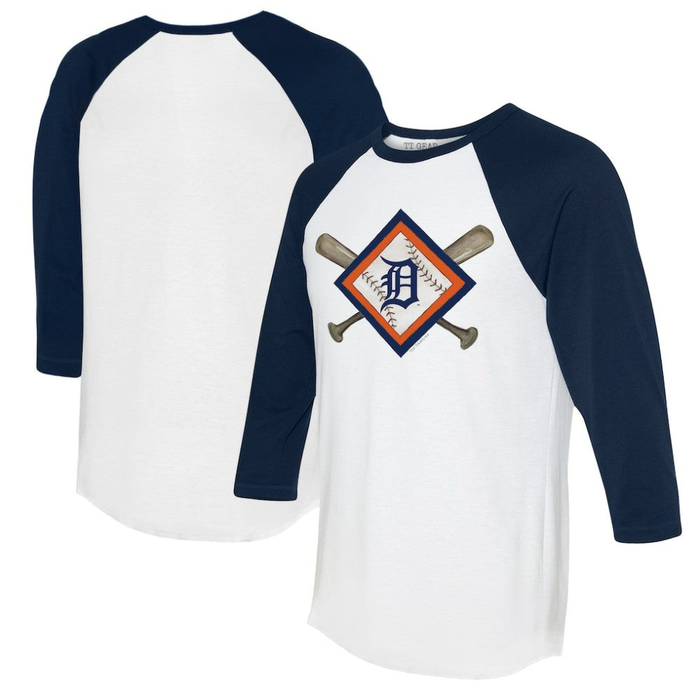 Detroit Tigers Tiny Turnip Women's Diamond Cross Bats 3/4-Sleeve Raglan T-Shirt - White/Navy