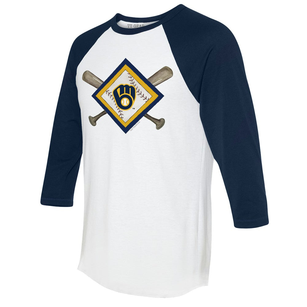 Milwaukee Brewers Tiny Turnip Women's Diamond Cross Bats 3/4-Sleeve Raglan T-Shirt - White/Navy