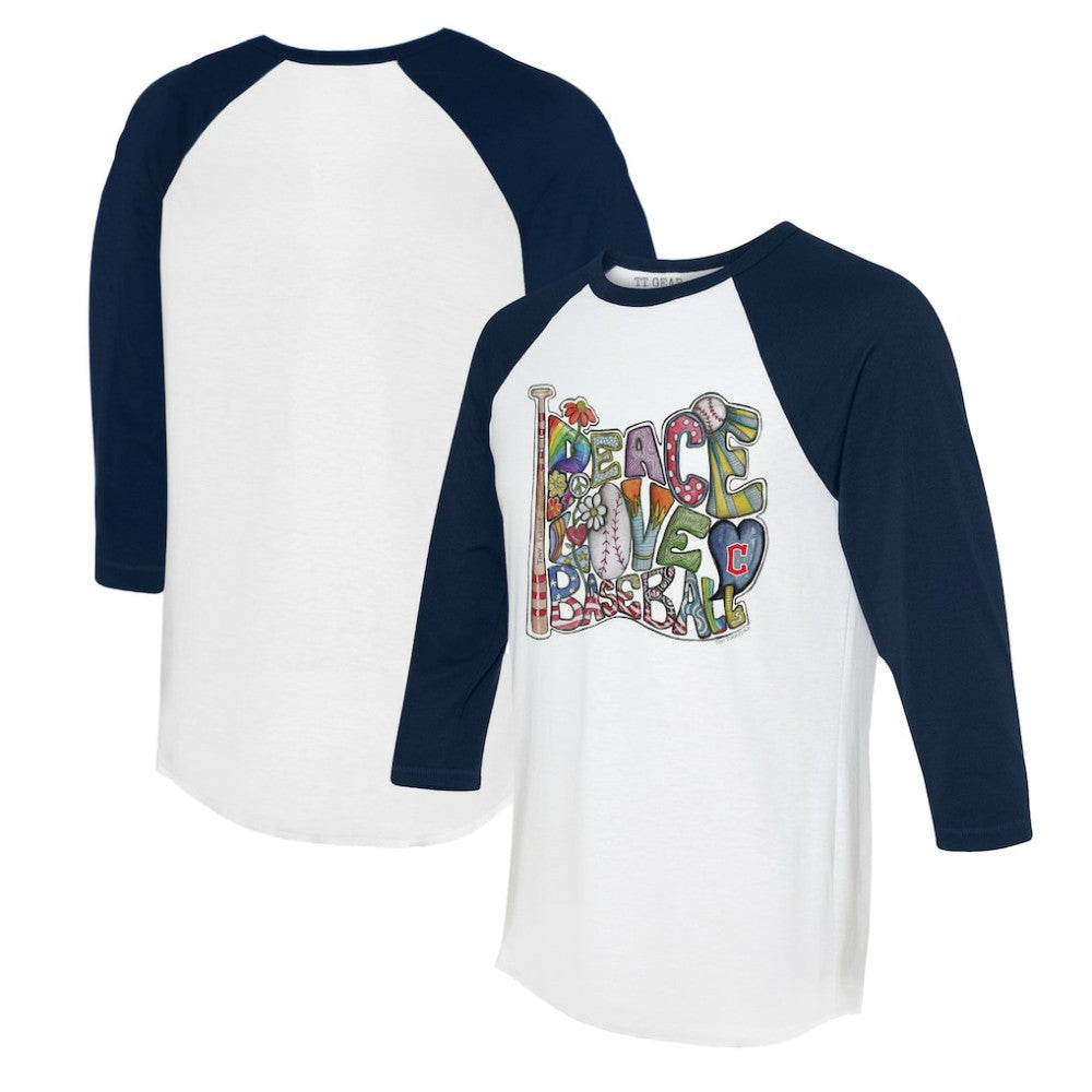 Cleveland Guardians Tiny Turnip Women's Peace Love Baseball 3/4-Sleeve Raglan T-Shirt - White/Navy