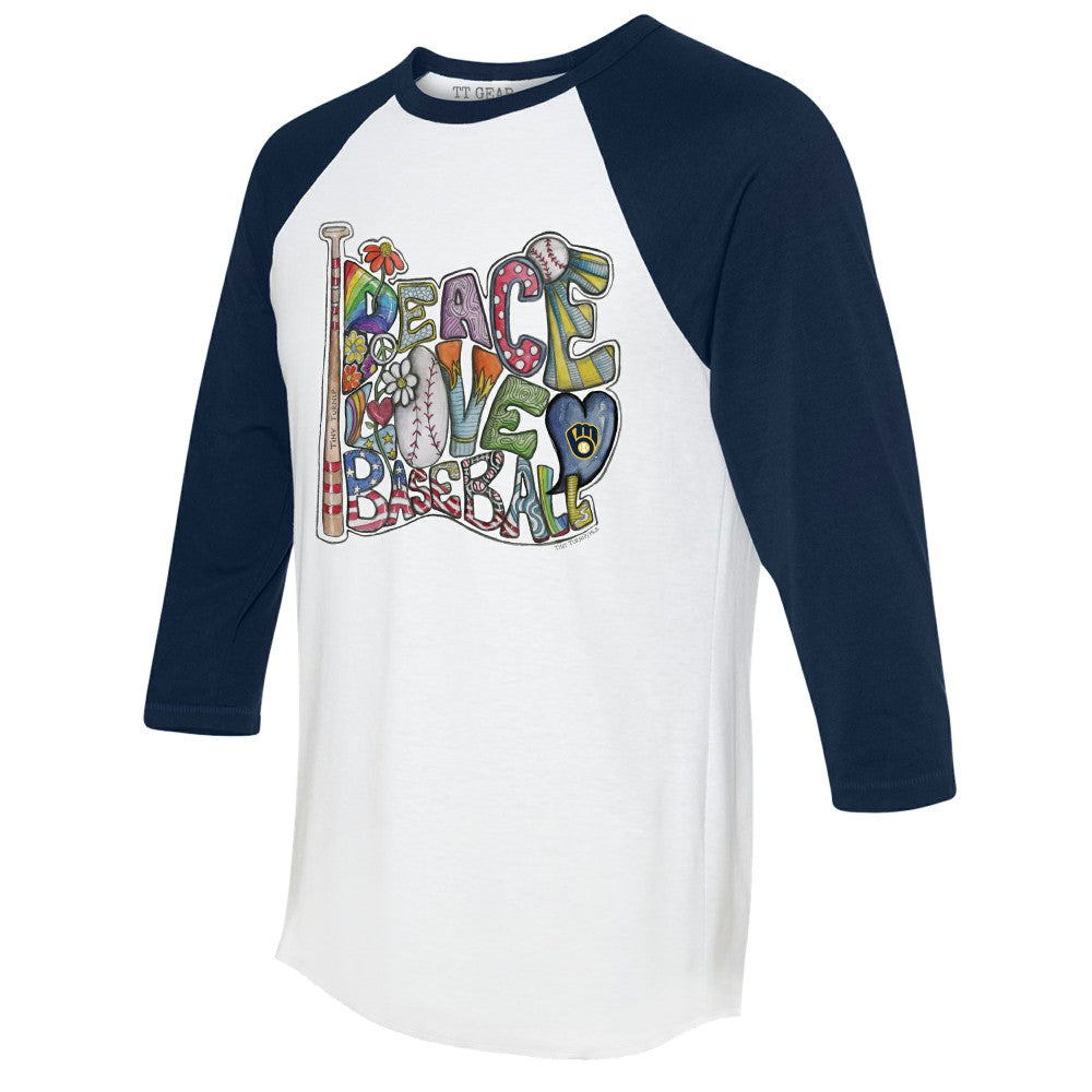 Milwaukee Brewers Tiny Turnip Women's Peace Love Baseball 3/4-Sleeve Raglan T-Shirt - White/Navy