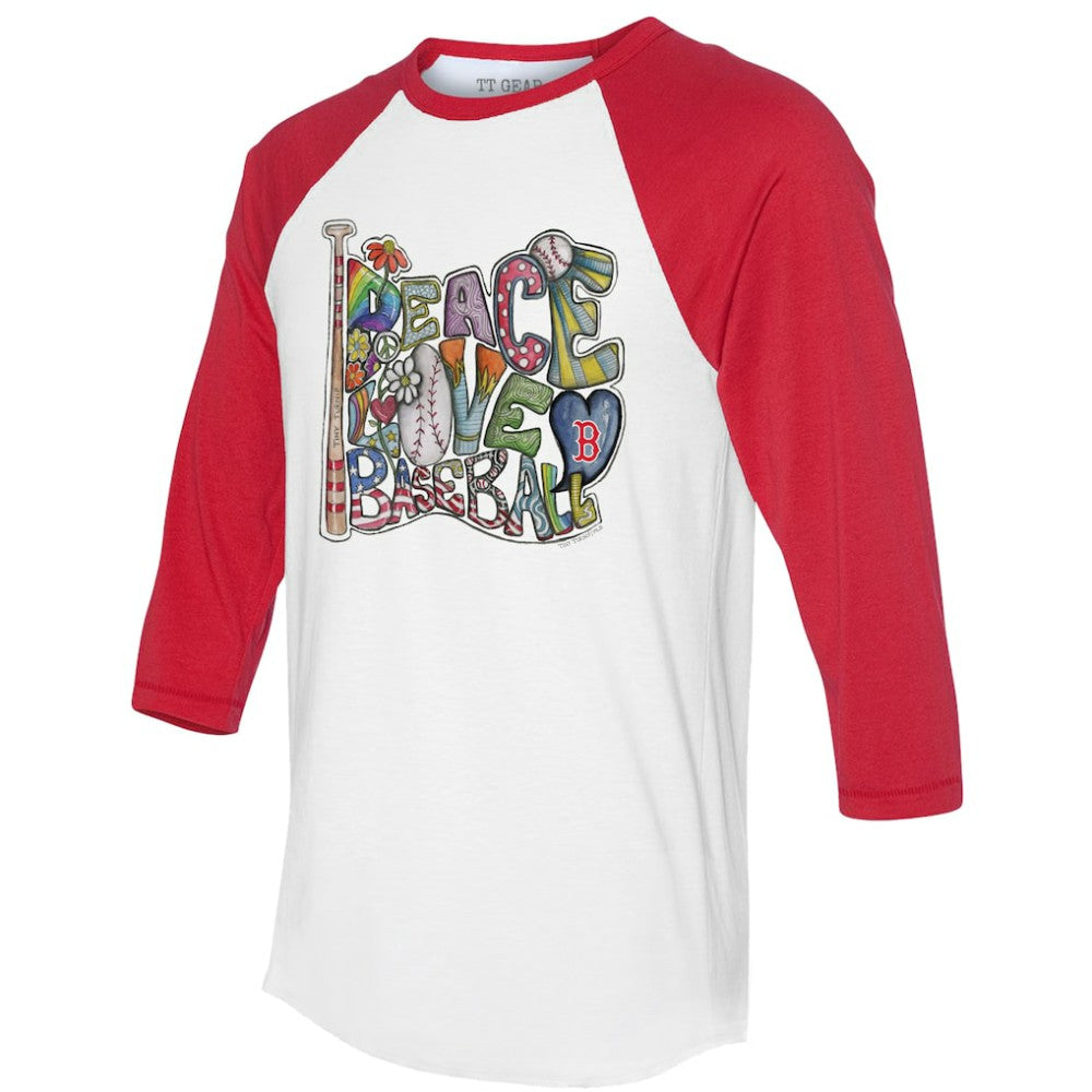 Boston Red Sox Tiny Turnip Women's Peace Love Baseball 3/4-Sleeve Raglan T-Shirt - White/Red