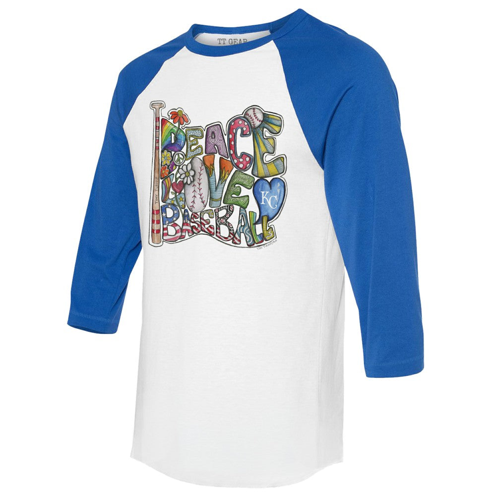 Kansas City Royals Tiny Turnip Women's Peace Love Baseball 3/4-Sleeve Raglan T-Shirt - White/Royal
