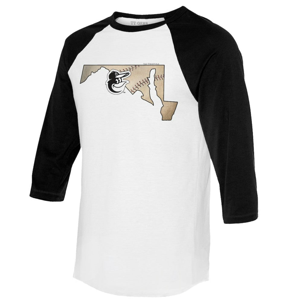 Baltimore Orioles Tiny Turnip Unisex State Outline 3/4-Sleeve Raglan T-Shirt - White/Black