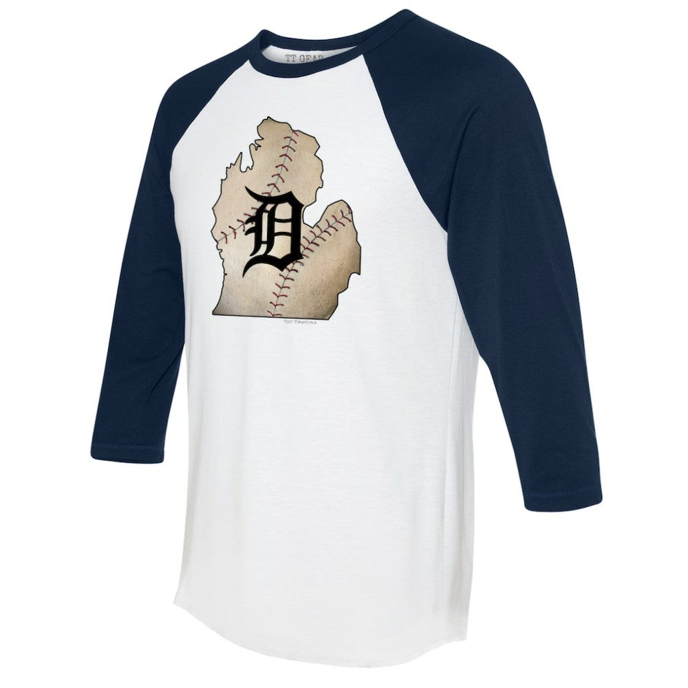 Detroit Tigers Tiny Turnip Unisex State Outline 3/4-Sleeve Raglan T-Shirt - White/Navy