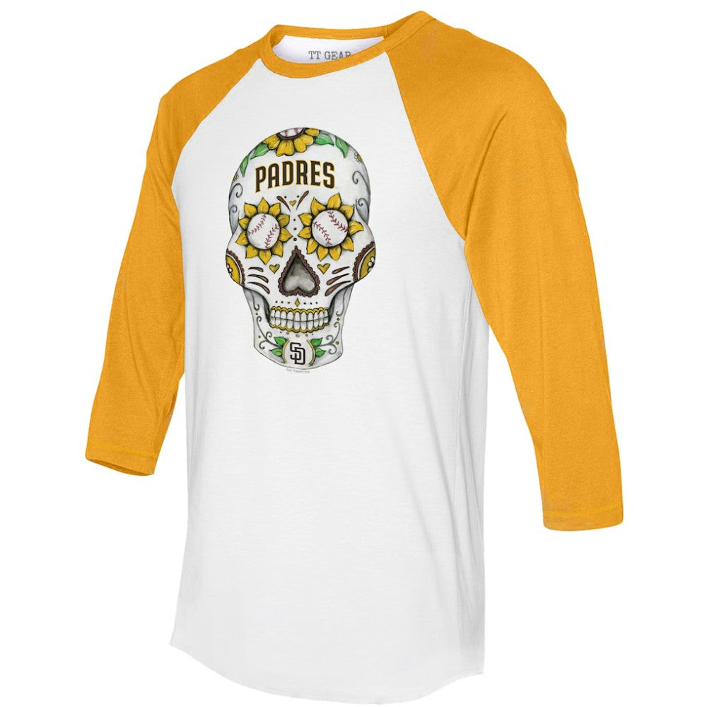 San Diego Padres Tiny Turnip Unisex Sugar Skull 3/4-Sleeve Raglan T-Shirt - White/Gold