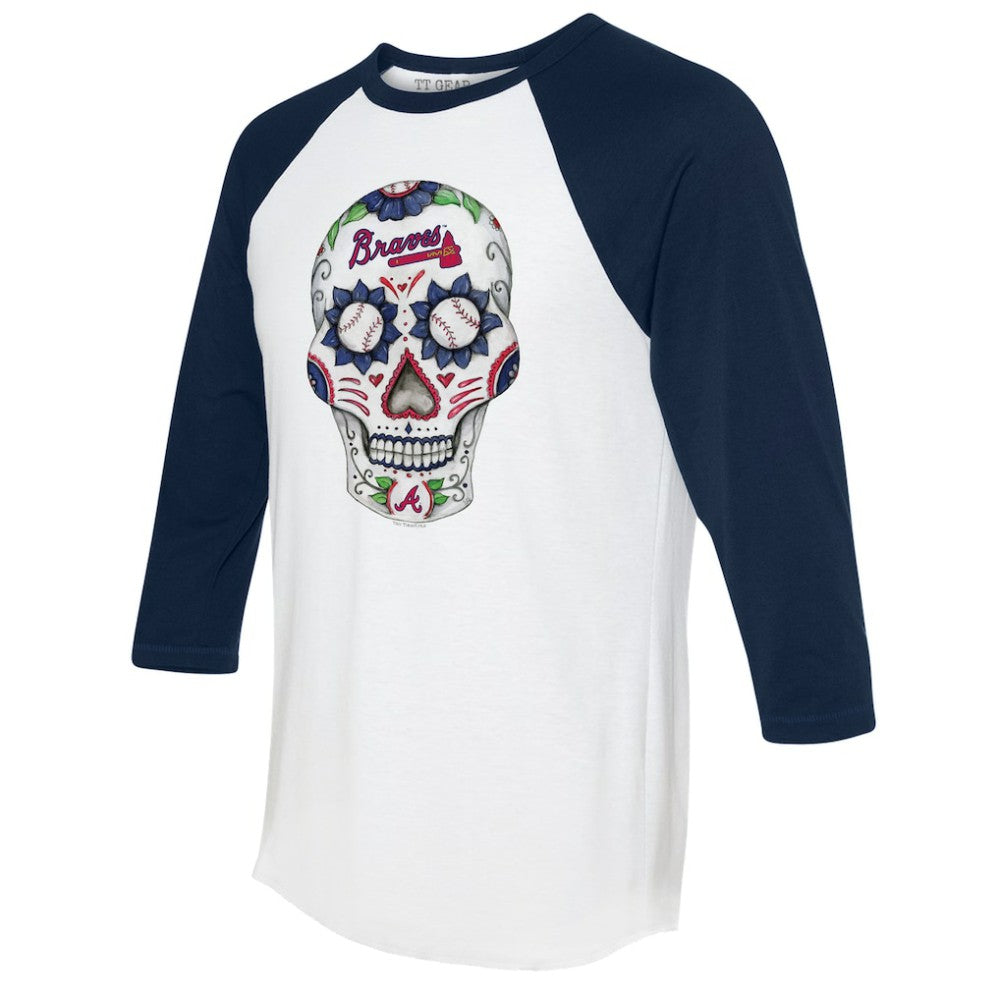 Atlanta Braves Tiny Turnip Unisex Sugar Skull 3/4-Sleeve Raglan T-Shirt - White/Navy