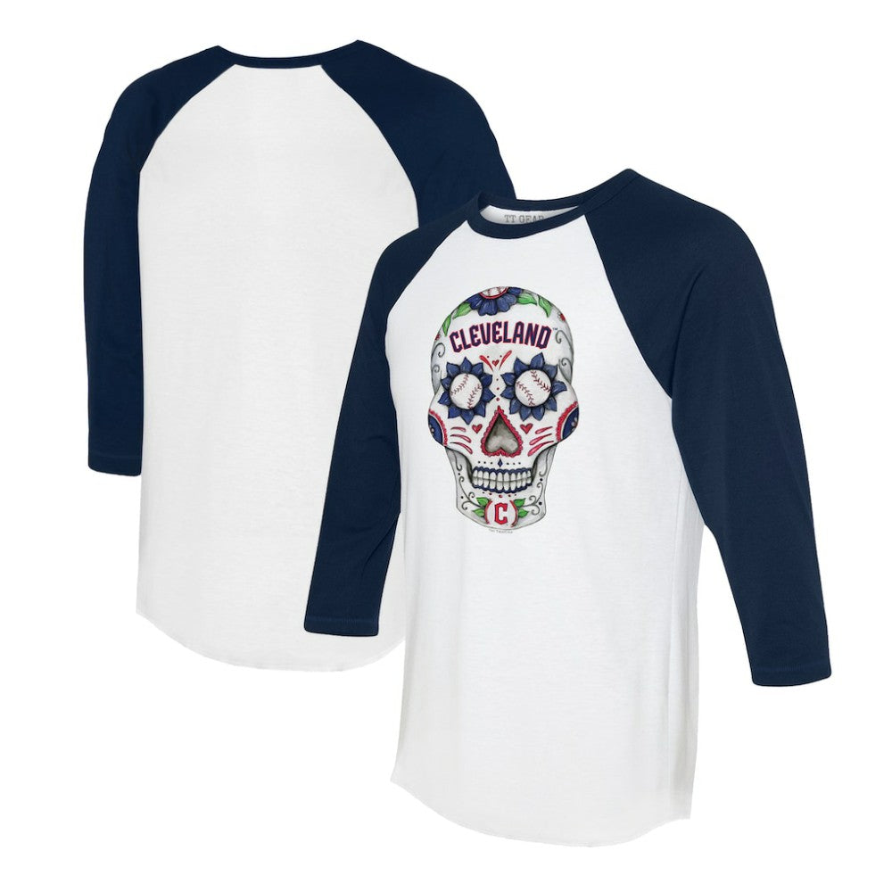 Cleveland Guardians Tiny Turnip Unisex Sugar Skull 3/4-Sleeve Raglan T-Shirt - White/Navy