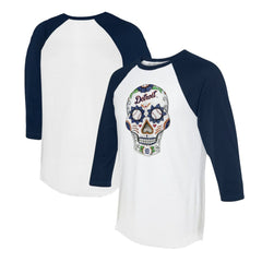 Detroit Tigers Tiny Turnip Unisex Sugar Skull 3/4-Sleeve Raglan T-Shirt - White/Navy