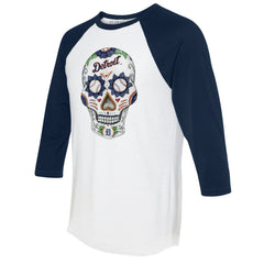 Detroit Tigers Tiny Turnip Unisex Sugar Skull 3/4-Sleeve Raglan T-Shirt - White/Navy
