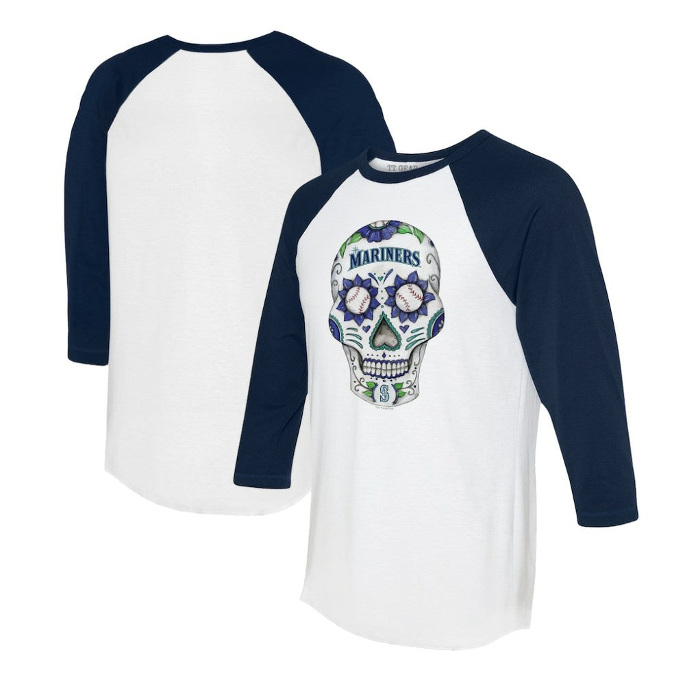 Seattle Mariners Tiny Turnip Unisex Sugar Skull 3/4-Sleeve Raglan T-Shirt - White/Navy