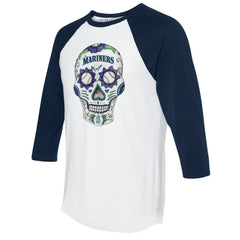 Seattle Mariners Tiny Turnip Unisex Sugar Skull 3/4-Sleeve Raglan T-Shirt - White/Navy