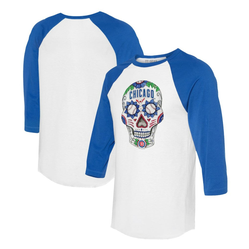 Chicago Cubs Tiny Turnip Unisex Sugar Skull 3/4-Sleeve Raglan T-Shirt - White/Royal