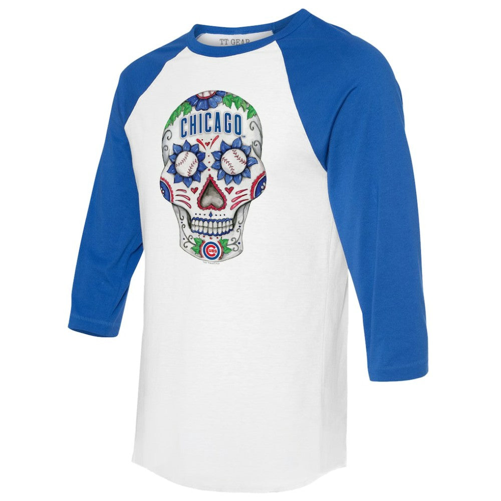 Chicago Cubs Tiny Turnip Unisex Sugar Skull 3/4-Sleeve Raglan T-Shirt - White/Royal