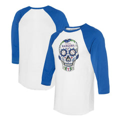 Texas Rangers Tiny Turnip Unisex Sugar Skull 3/4-Sleeve Raglan T-Shirt - White/Royal