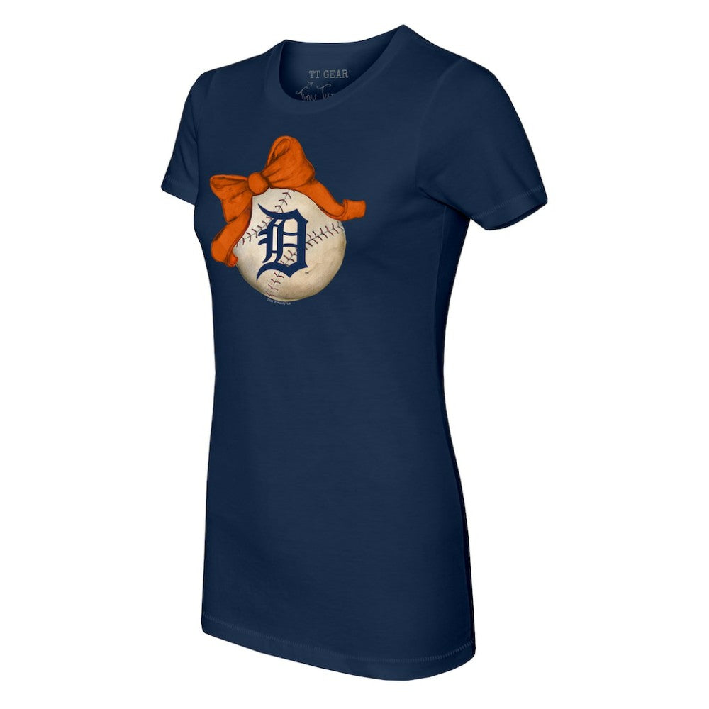 Detroit Tigers Tiny Turnip Women's Baseball Bow T-Shirt - Navy