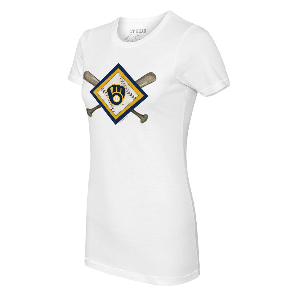 Milwaukee Brewers Tiny Turnip Women's Diamond Cross Bats T-Shirt - White