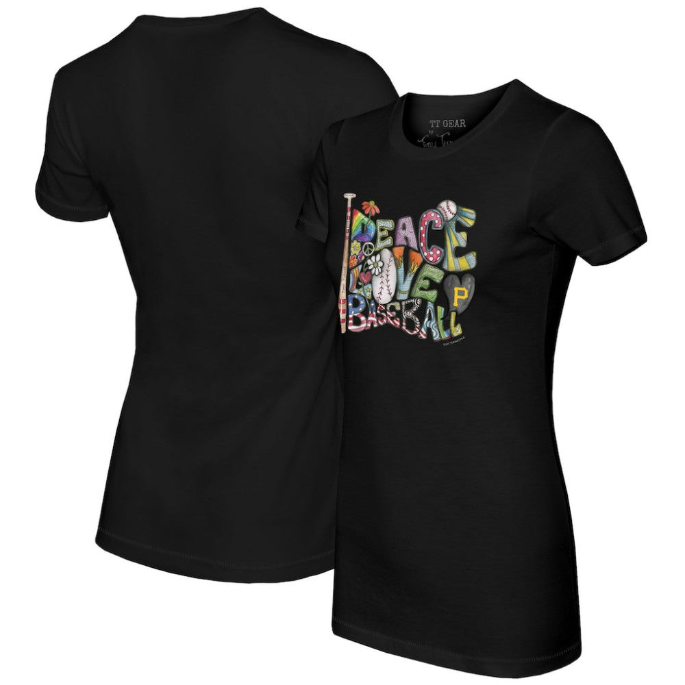 Pittsburgh Pirates Tiny Turnip Women's Peace Love Baseball Fitted T-Shirt - Black