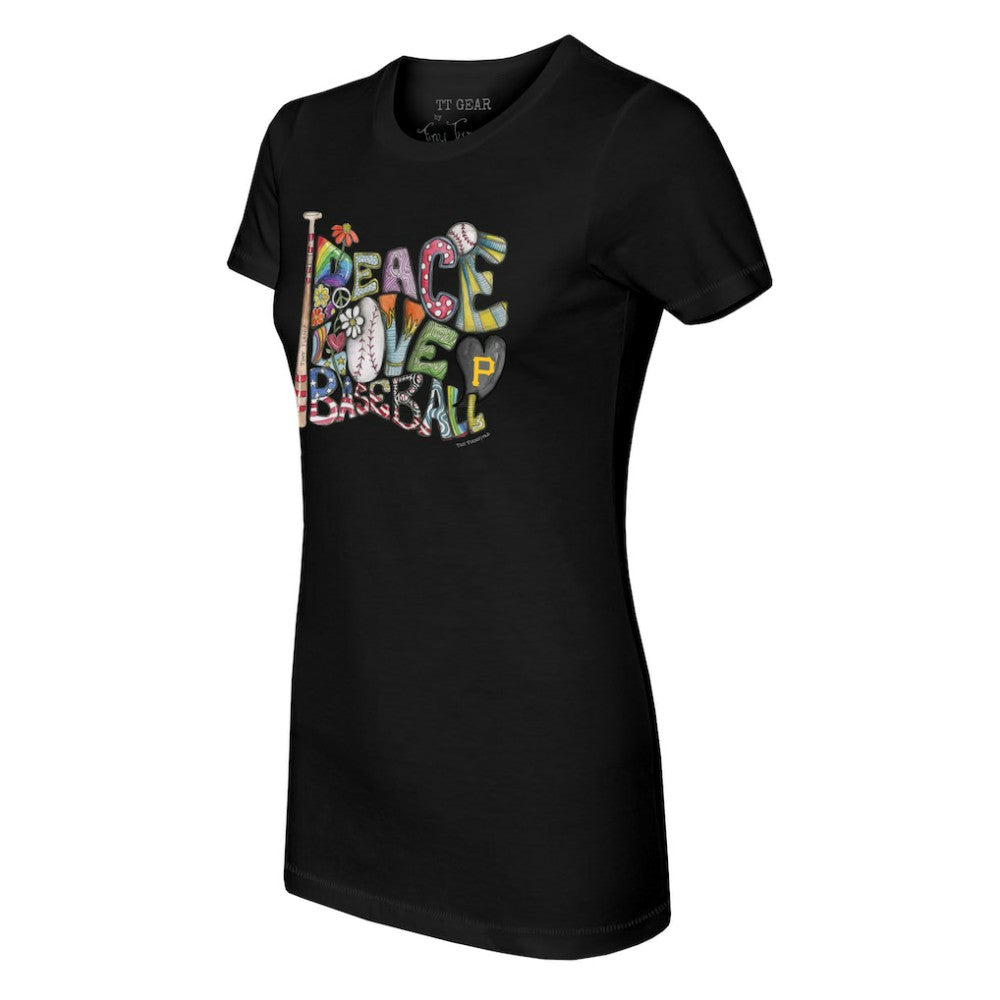 Pittsburgh Pirates Tiny Turnip Women's Peace Love Baseball Fitted T-Shirt - Black