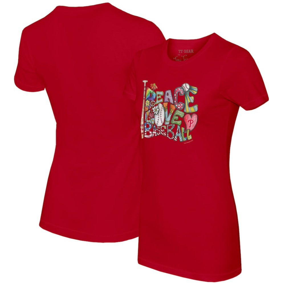 Philadelphia Phillies Tiny Turnip Women's Peace Love Baseball Fitted T-Shirt - Red