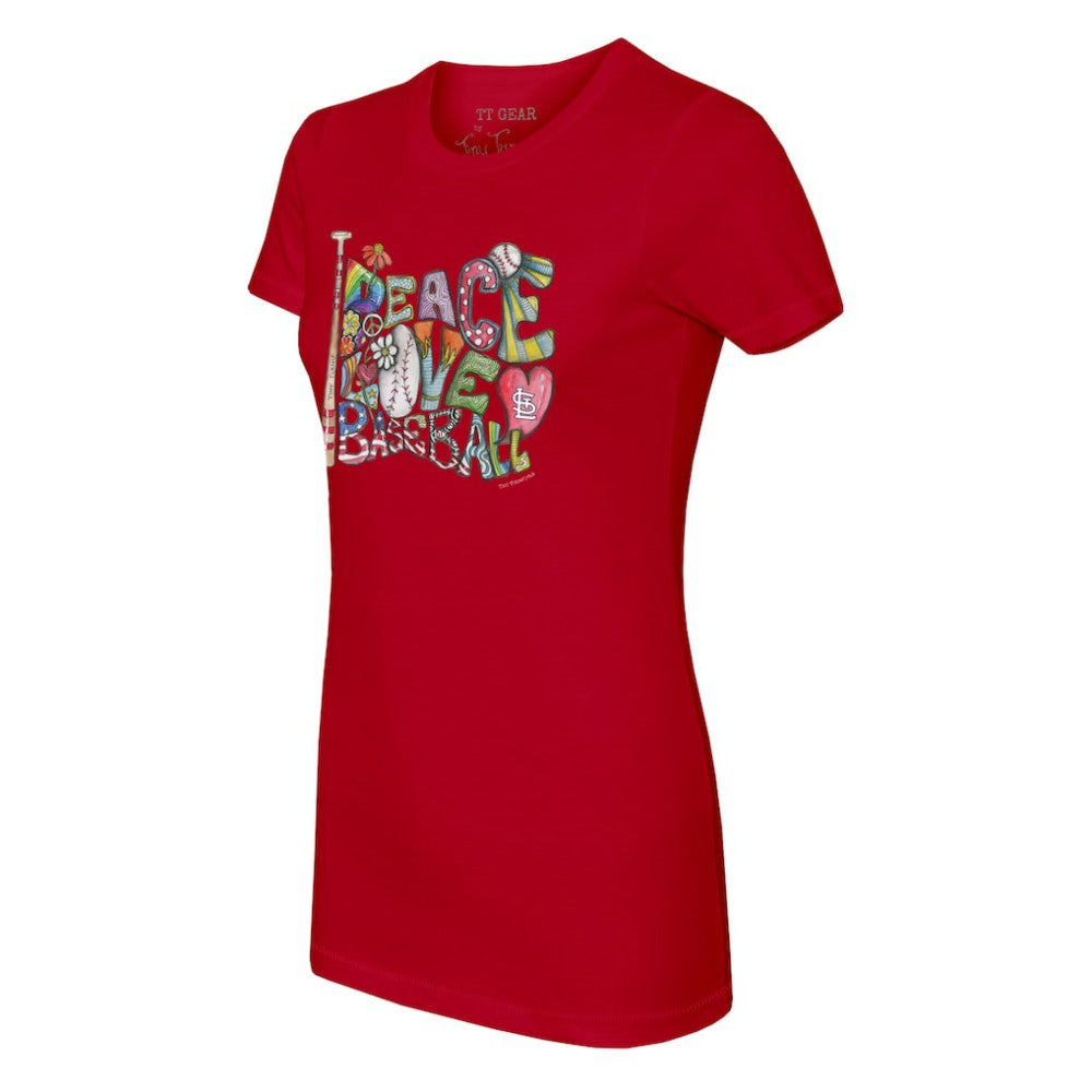 St. Louis Cardinals Tiny Turnip Women's Peace Love Baseball Fitted T-Shirt - Red