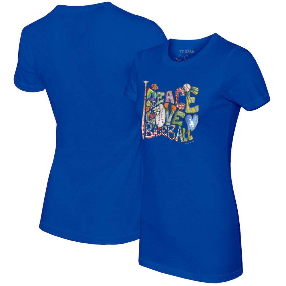 Los Angeles Dodgers Tiny Turnip Women's Peace Love Baseball Fitted T-Shirt - Royal