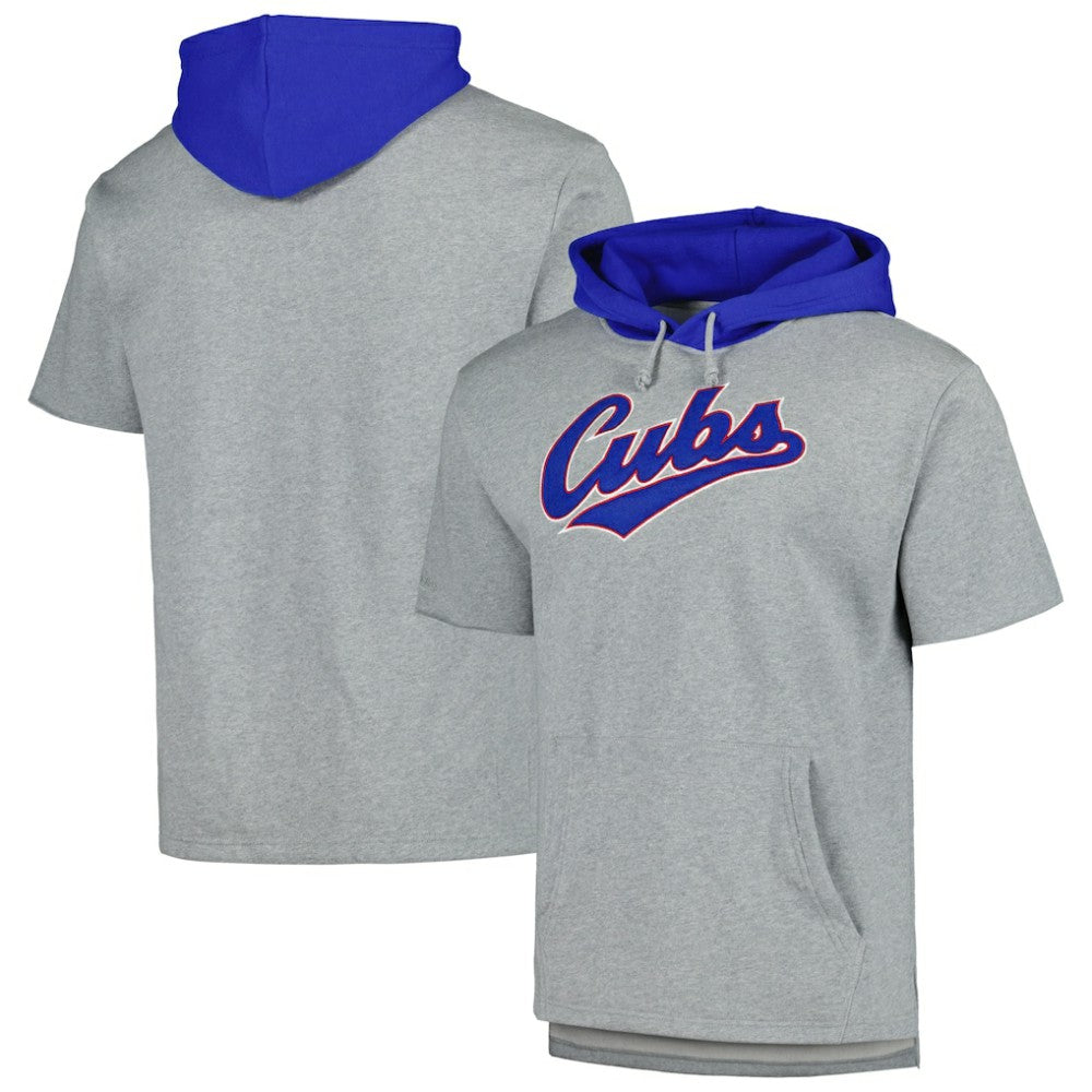 Chicago Cubs Postgame Short Sleeve Pullover Hoodie - Heather Gray | Mitchell & Ness